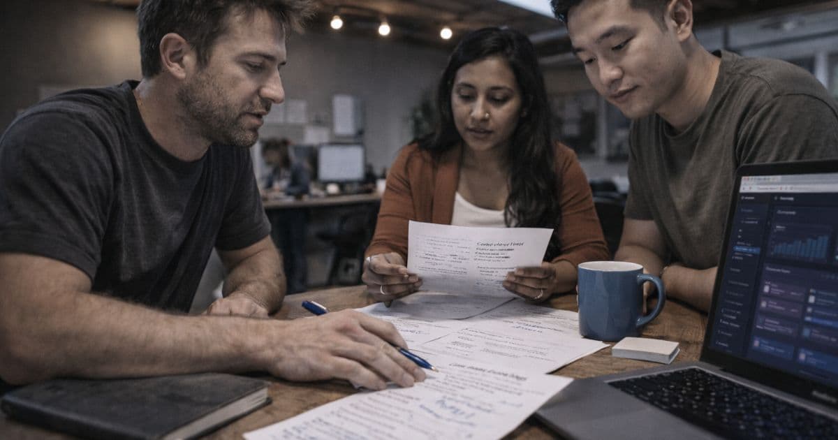 Team in a meeting room reviewing a competitor monitoring dashboard projected on a wall screen, with notes and printed summaries on table