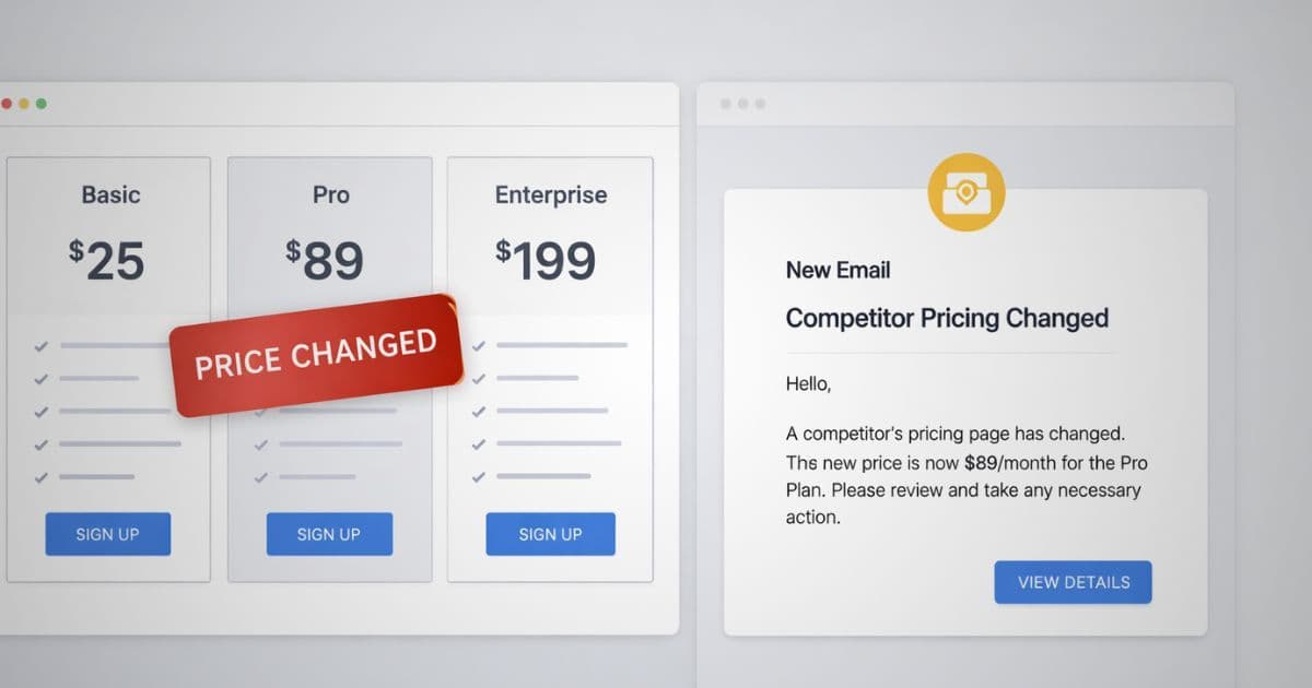 Competitor pricing page showing a price drop alert notification — representing real-time competitor pricing monitoring with Palrox