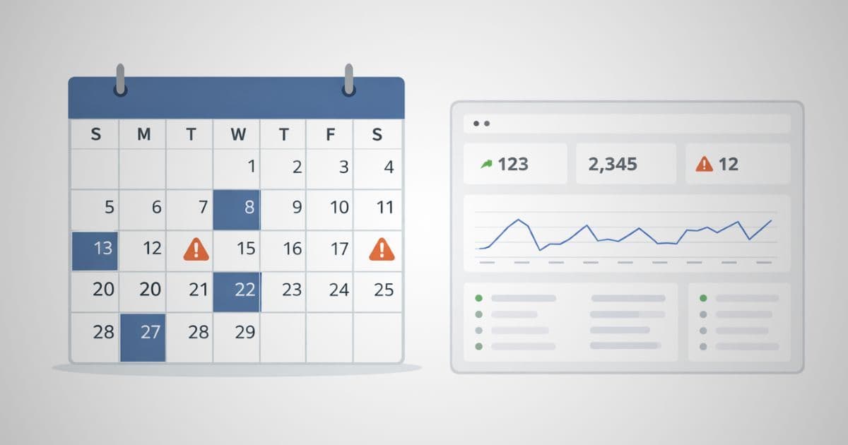 A 30-day calendar with competitor monitoring alerts highlighted on specific days, showing the consistent intelligence cadence Palrox delivers