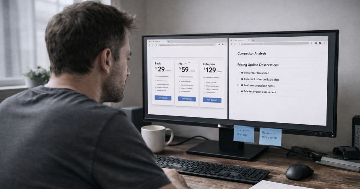Founder reviewing competitor website on-page SEO elements including title tags and pricing copy on a desktop monitor